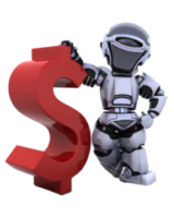 AI robot holding large red dollar sign